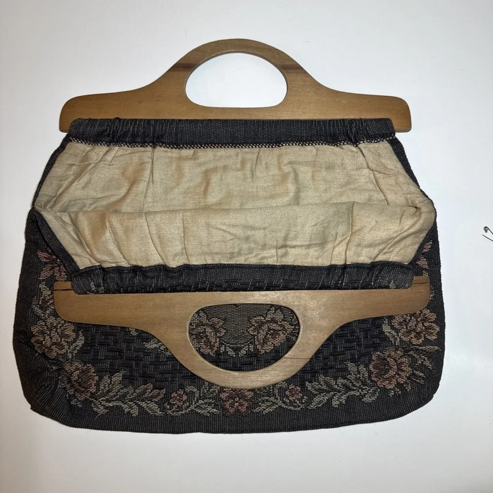 Vintage Floral Tapestry Purse Work Bag Wood Handles Black Pink Green Cream 15x15